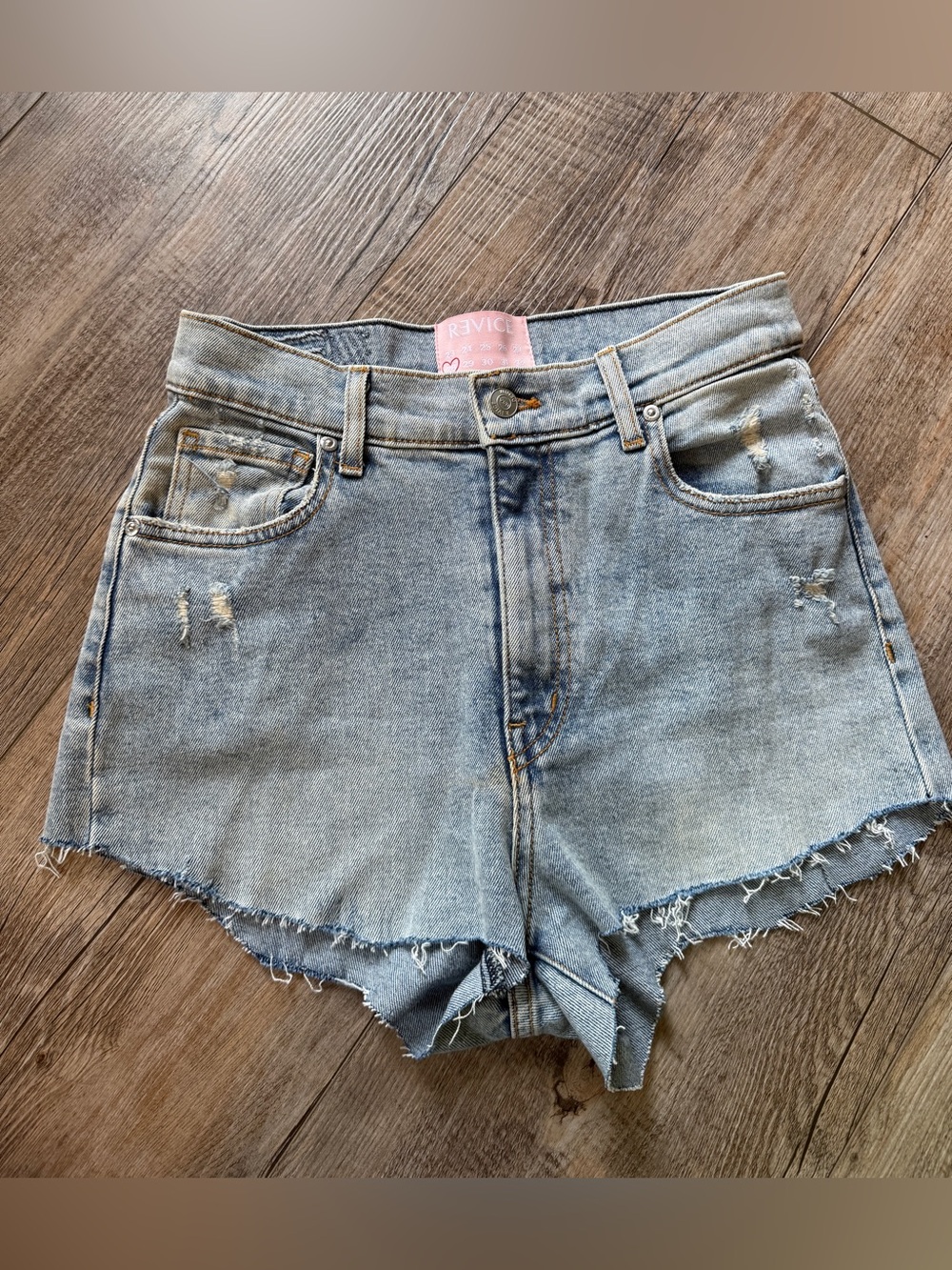 REVICE Light Blue Distressed High-Waist Denim Shorts
